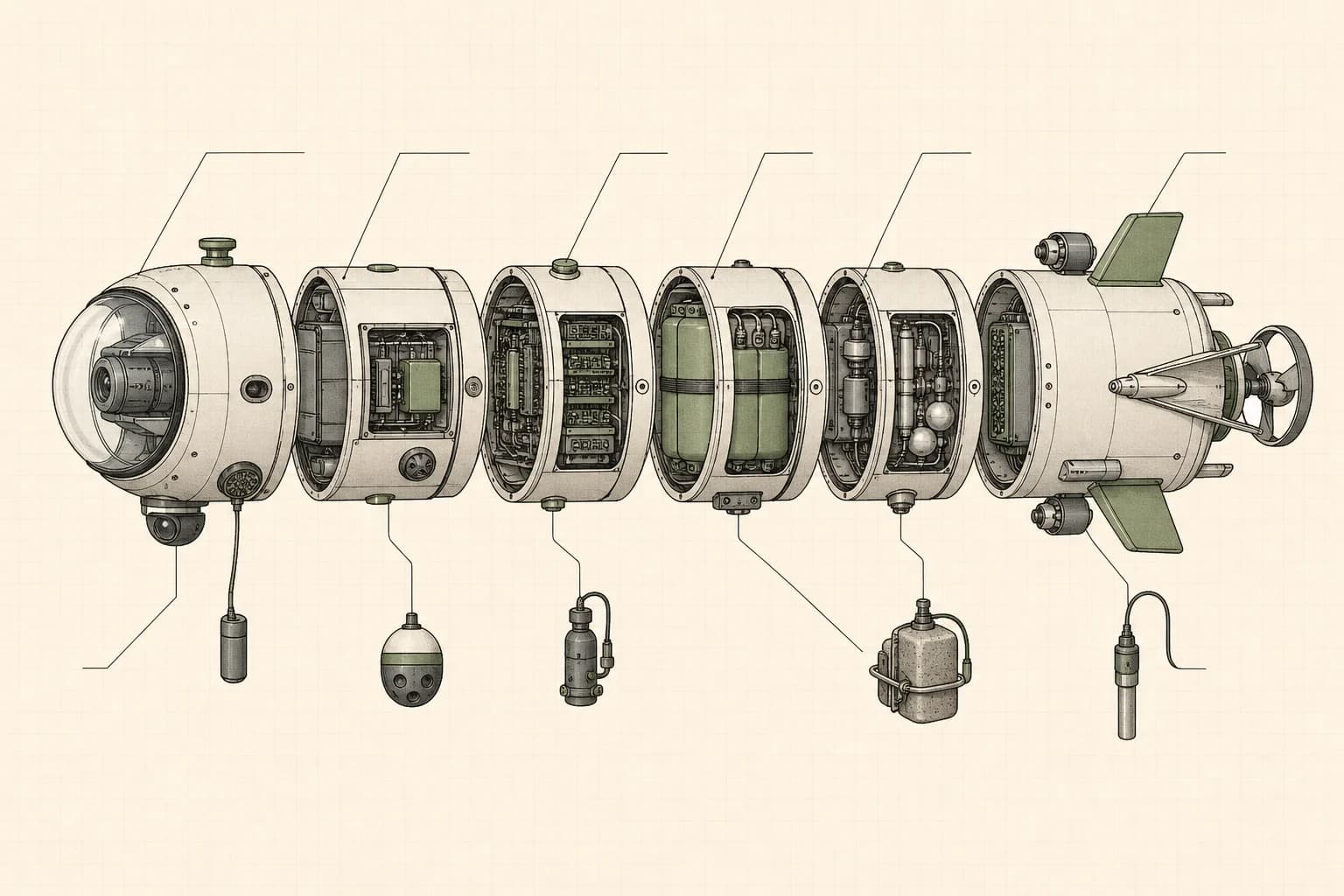 Illustrative cutaway drawing of a modular underwater survey vehicle with camera, electronics, sensor chambers, fins, and a rear propeller.